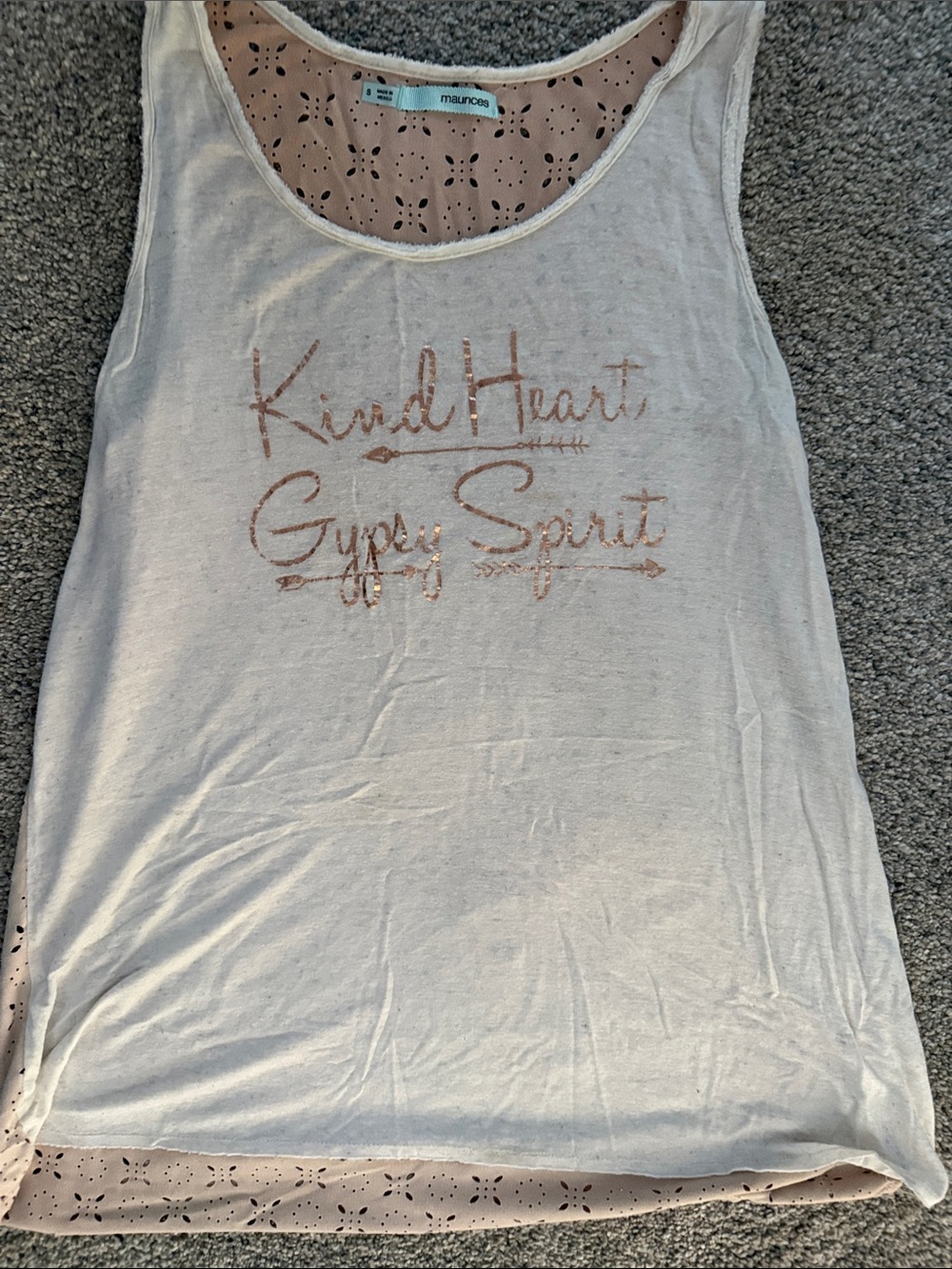 Maurices Cream Tank Top with Pink Metallic Slogan
